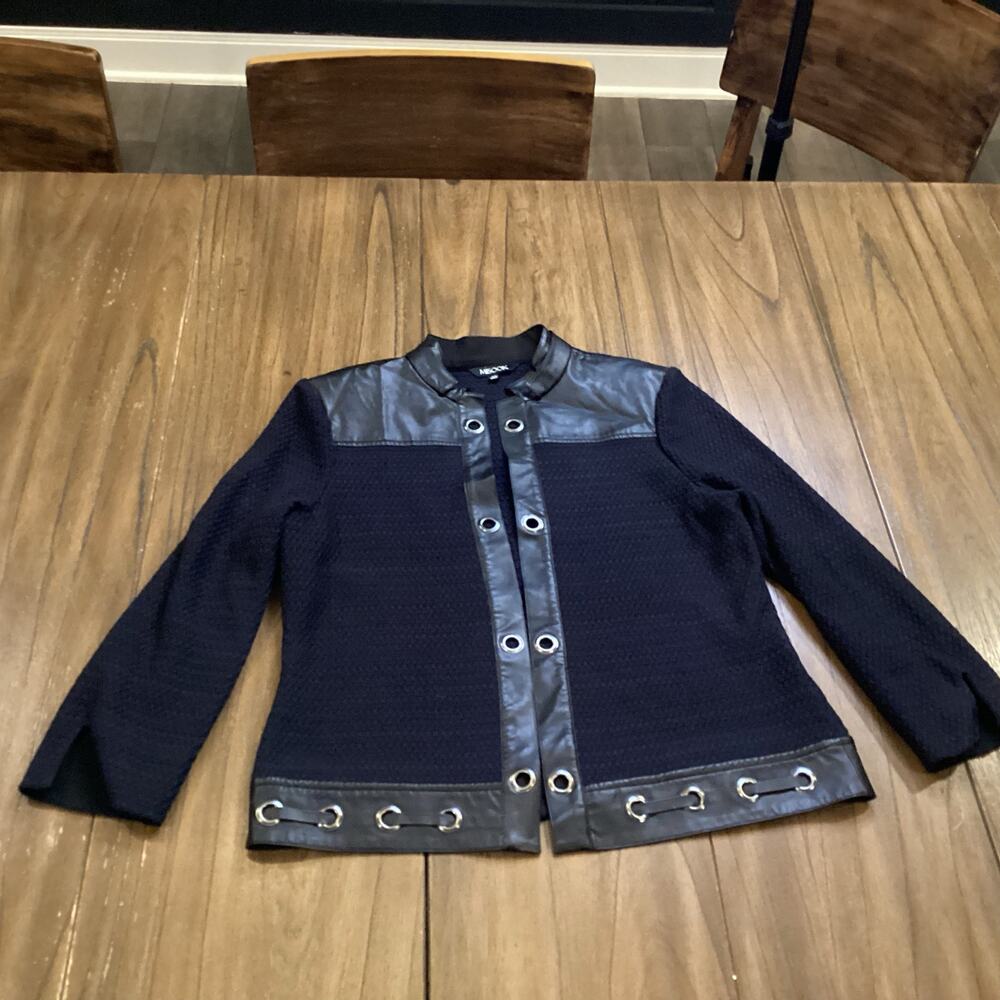 Misook Faux Leather Trim Knit Open Front Moto knit Blazer cardigan Jacket XS
